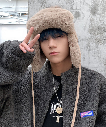 Khaki Versatile Fuzzy Wool Lined Knit Ear Protection Hat