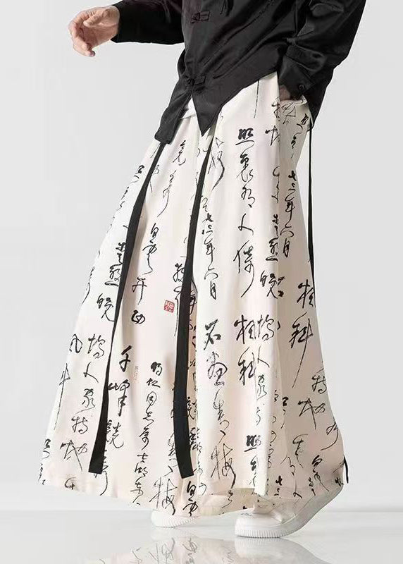 Chinese Style Beige Ancient Text Printed Loose Wide Leg Pants