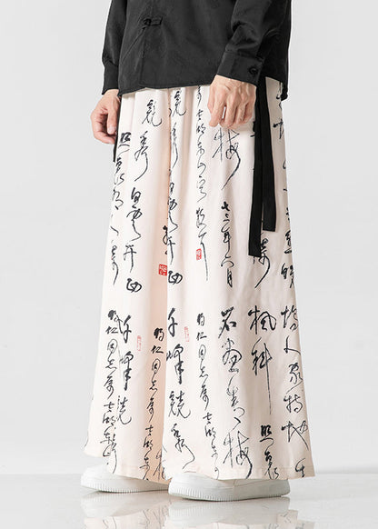 Chinese Style Beige Ancient Text Printed Loose Wide Leg Pants