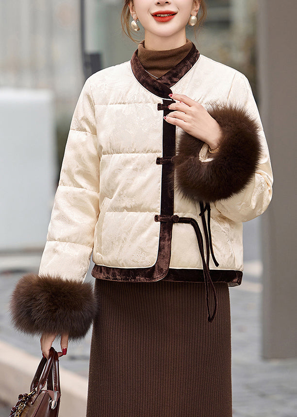 Milk White Patchwork Duck Down Jacket in Winter Tasseled Winter