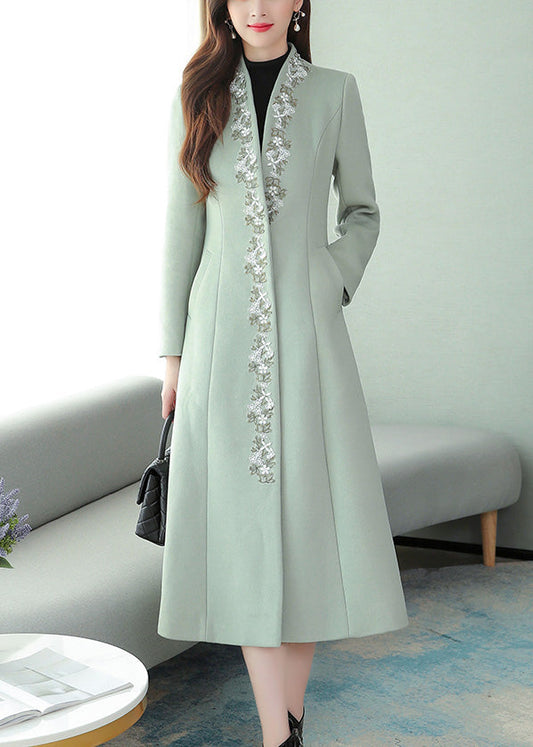Mint Green Embroideried Woolen Maxi Trench Coat Long Sleeve