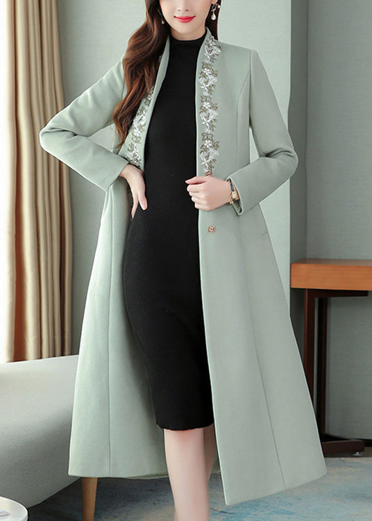 Mint Green Embroideried Woolen Maxi Trench Coat Long Sleeve