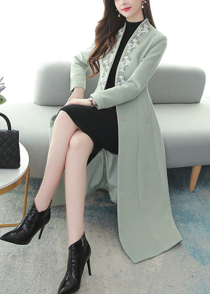 Mint Green Embroideried Woolen Maxi Trench Coat Long Sleeve