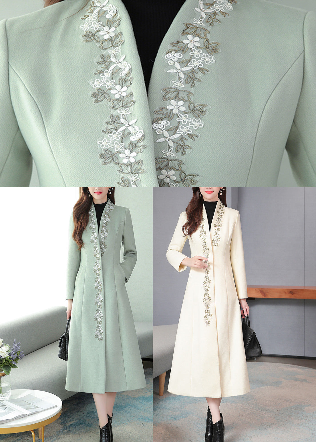 Mint Green Embroideried Woolen Maxi Trench Coat Long Sleeve