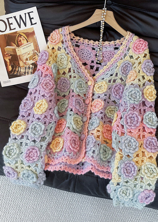 Mixed Color Decorated Hollow Out Knit Cardigans Fall