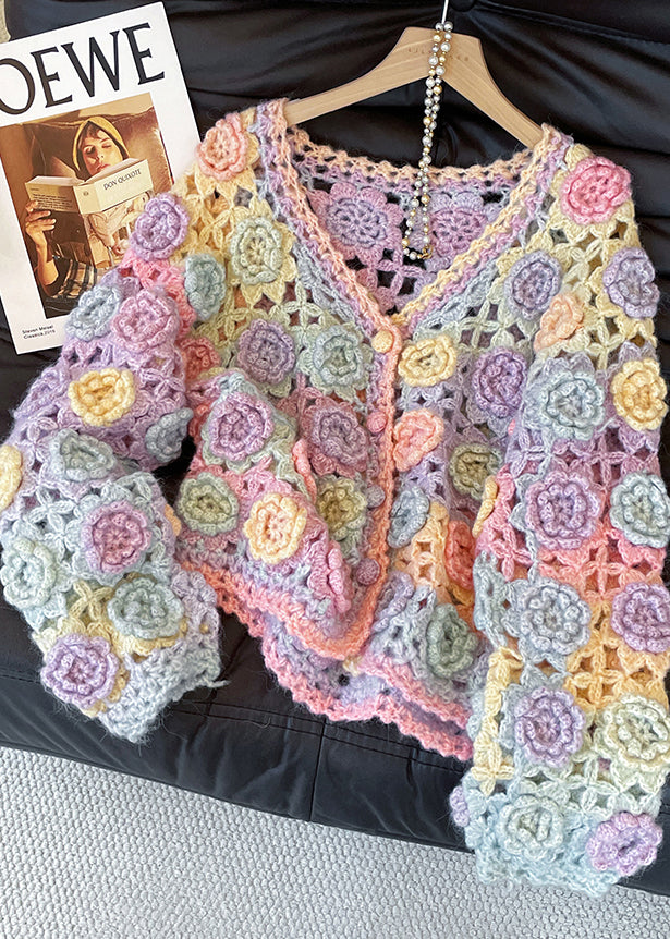 Mixed Color Decorated Hollow Out Knit Cardigans Fall