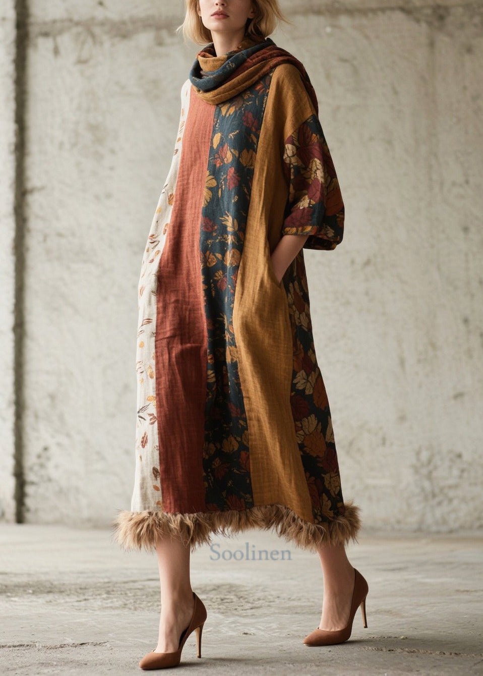 Mixed Color Patchwork Faux Fur Ankle Dress Oversized Fall