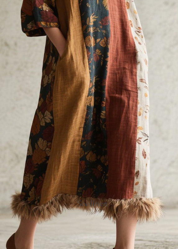 Mixed Color Patchwork Faux Fur Ankle Dress Oversized Fall