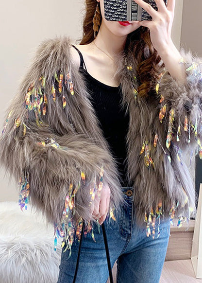 Mocha Color Faux Fur Collar Sequins Leather and Fur Coats Winter