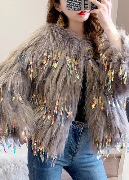 Mocha Color Faux Fur Collar Sequins Leather and Fur Coats Winter