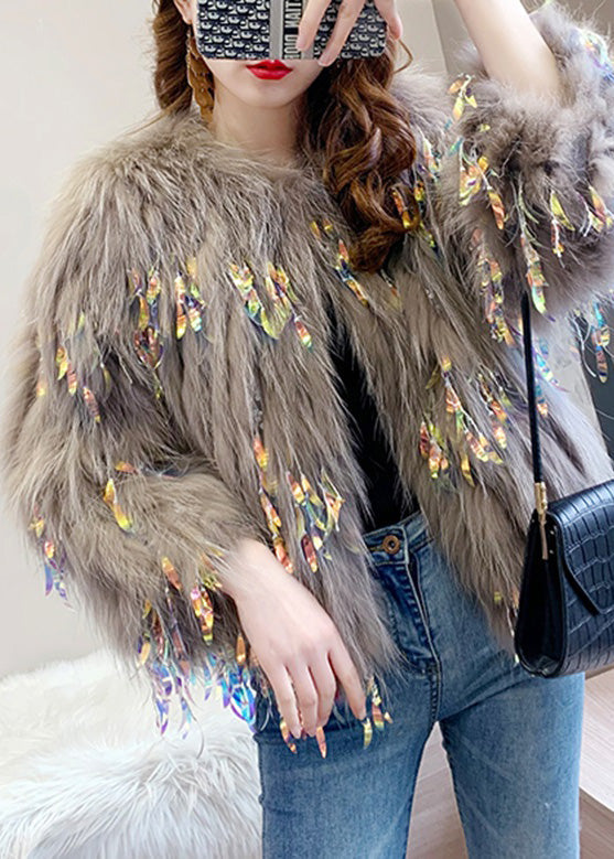 Mocha Color Faux Fur Collar Sequins Leather and Fur Coats Winter