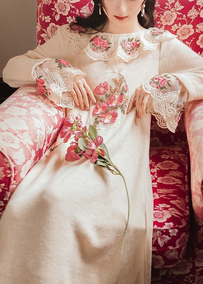 Modern Apricot Embroidered Patchwork Tulle Knit Long Sweater Spring