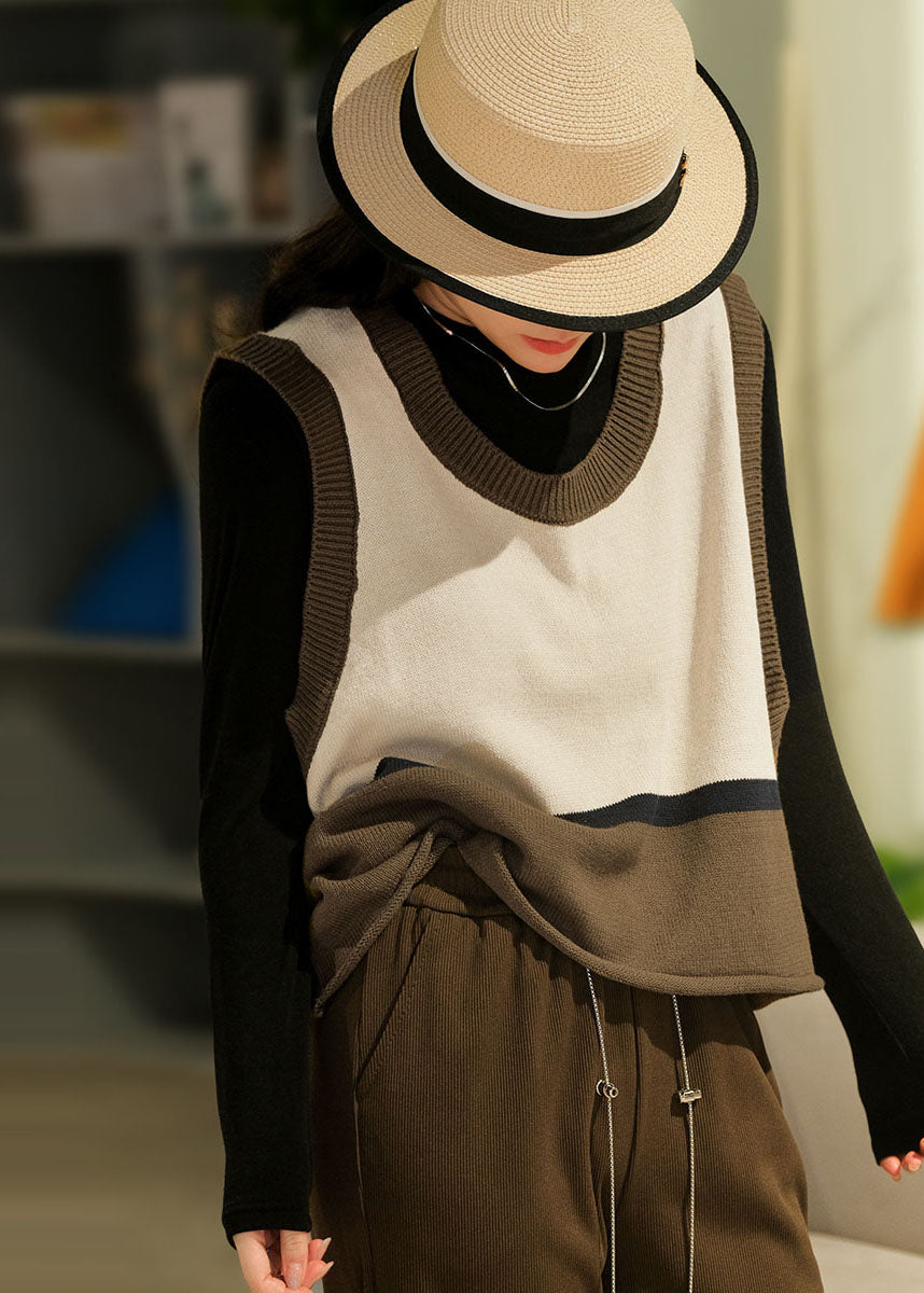 Modern Apricot O-neck Colorblock Knit Vests Winter