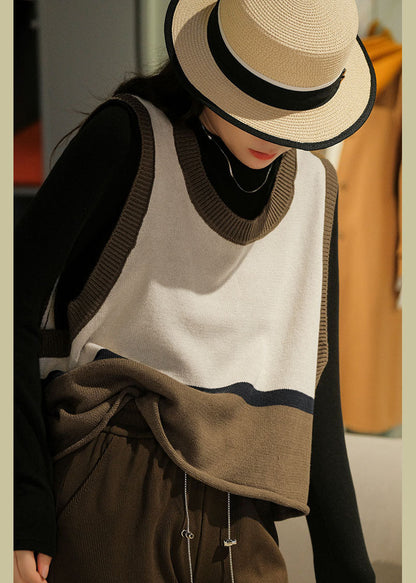 Modern Apricot O-neck Colorblock Knit Vests Winter