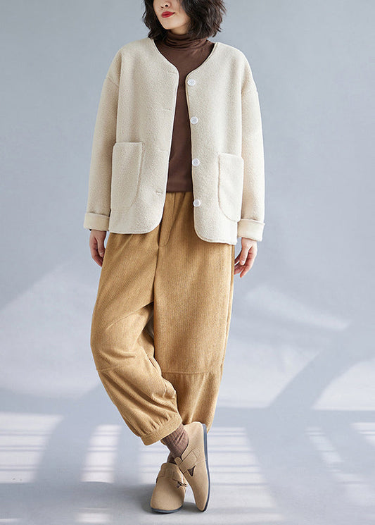 Modern Apricot O-neck Thick Faux Fur Coat Outwear Winter