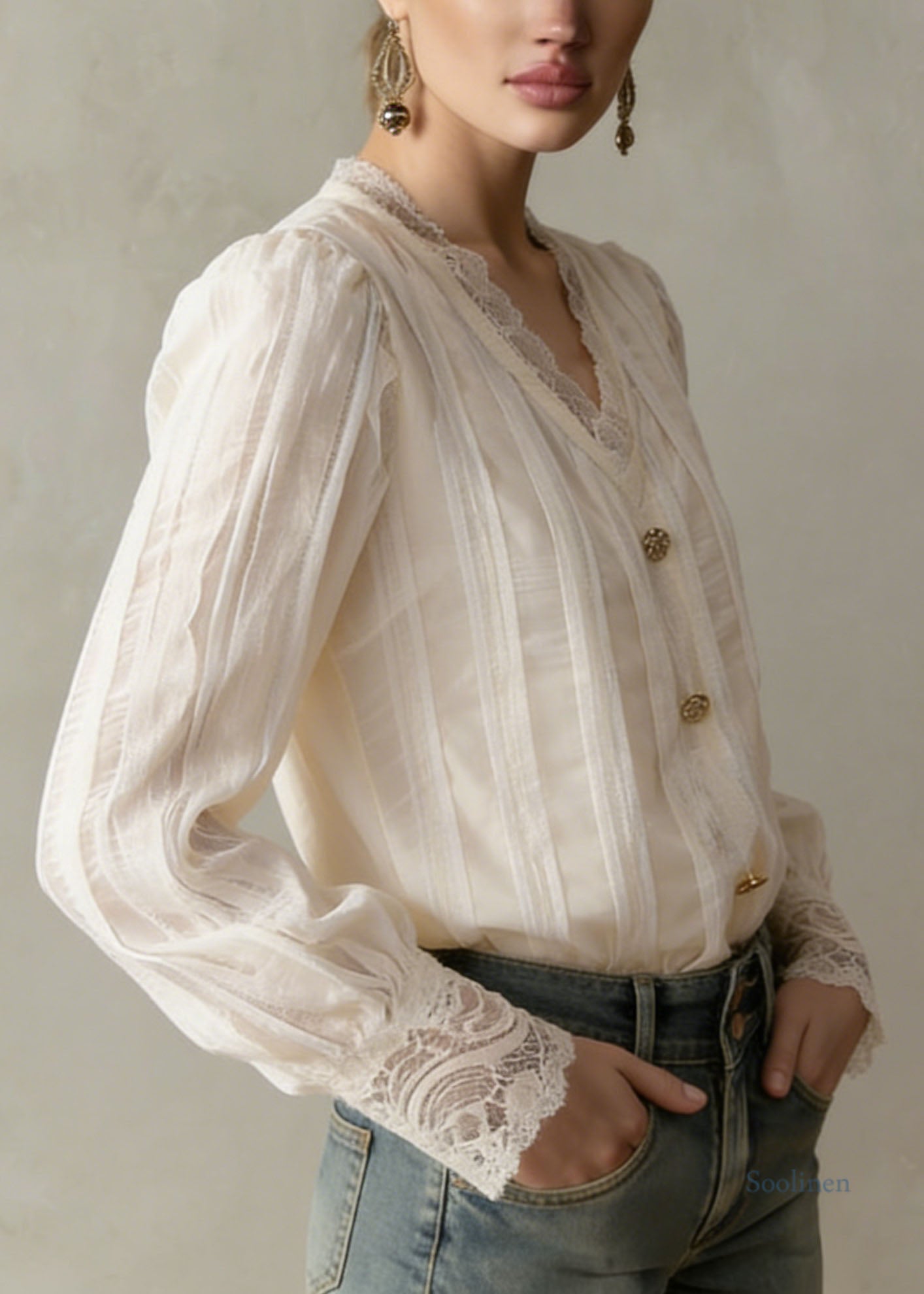 Modern Apricot V Neck Lace Patchwork Cotton Tops Spring