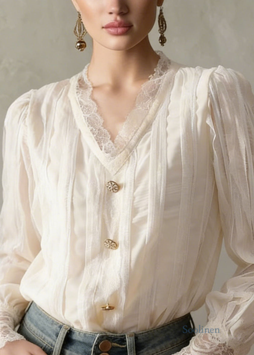 Modern Apricot V Neck Lace Patchwork Cotton Tops Spring