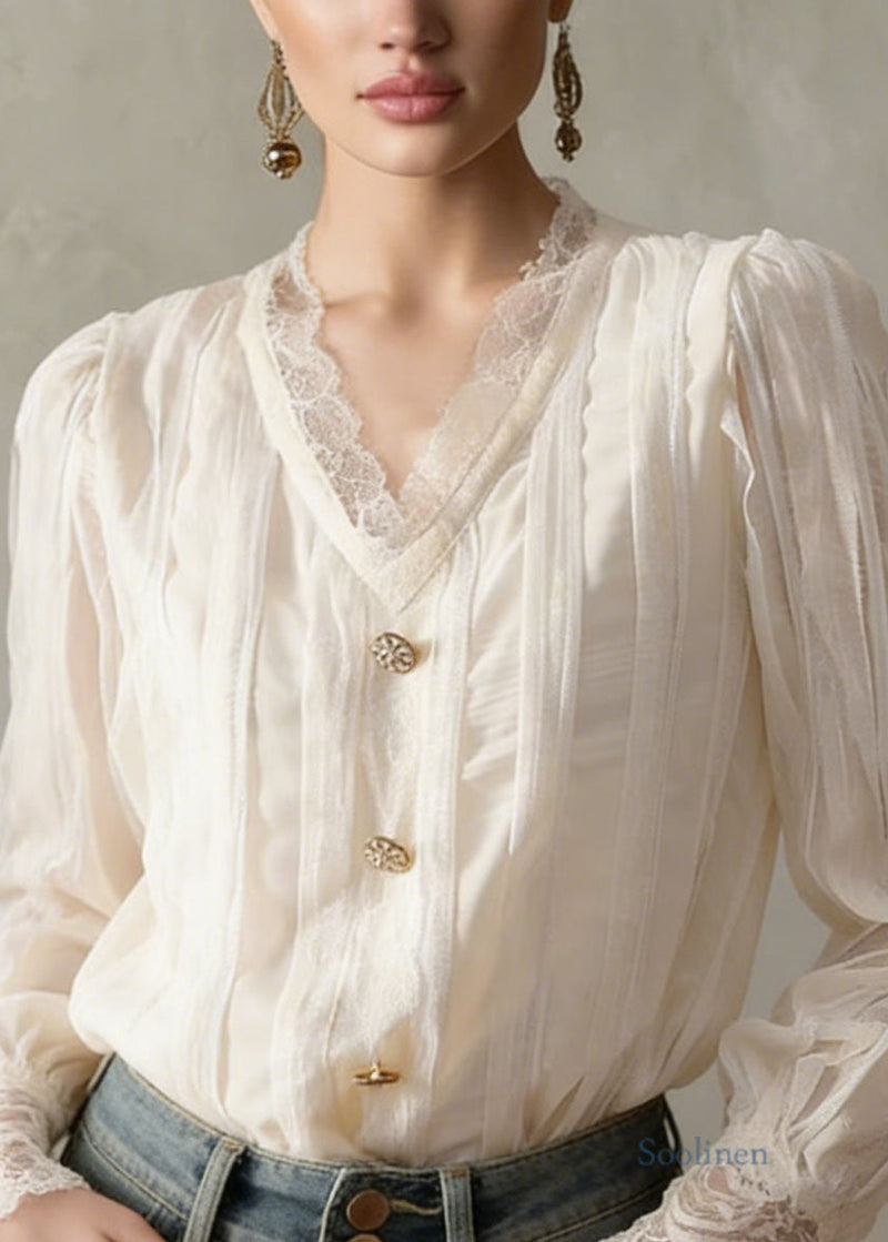 Modern Apricot V Neck Lace Patchwork Cotton Tops Spring