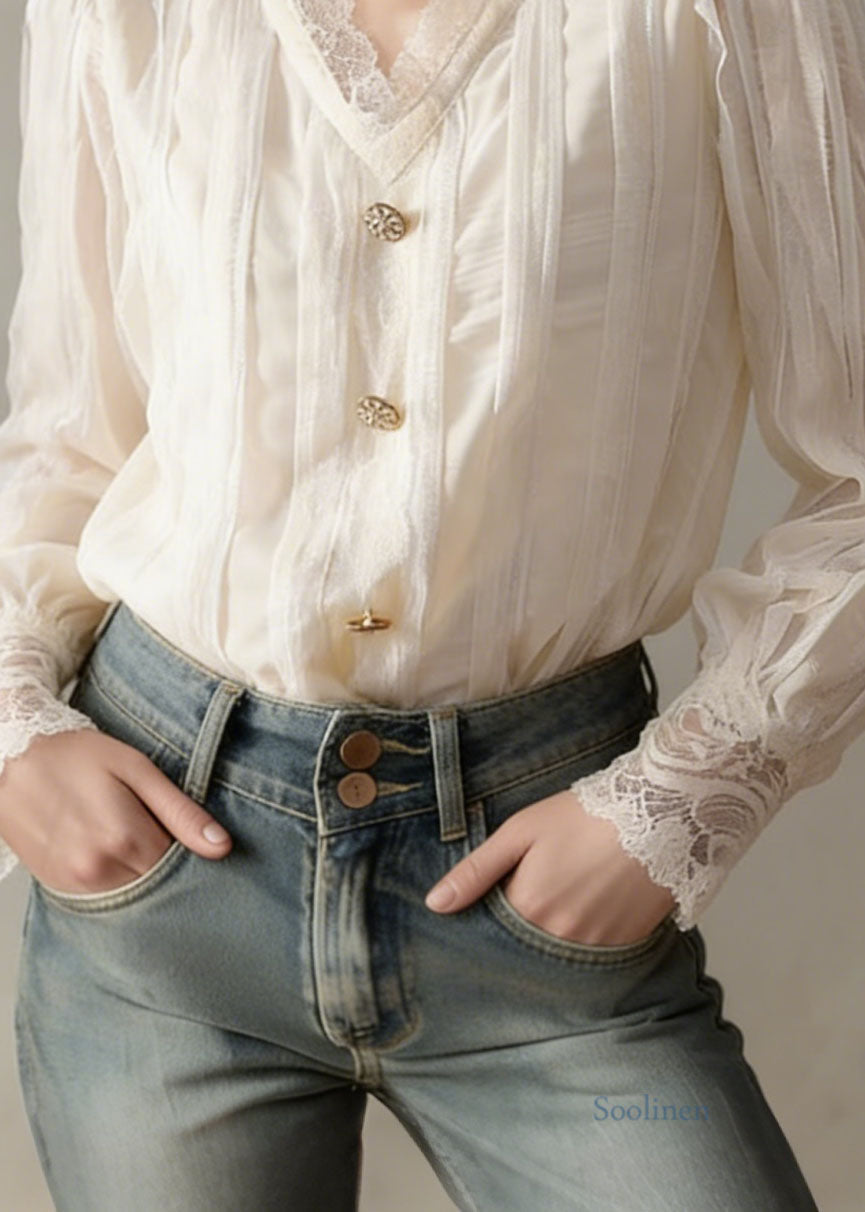 Modern Apricot V Neck Lace Patchwork Cotton Tops Spring