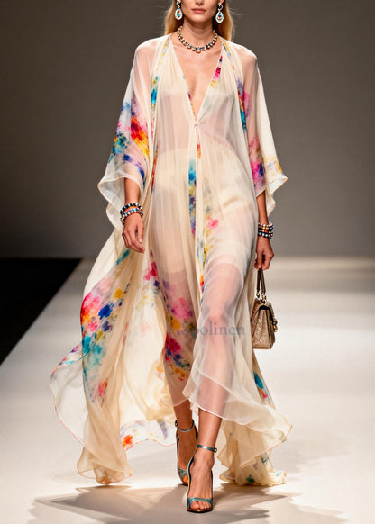 Modern Apricot V Neck Print Chiffon Holiday Dress Summer