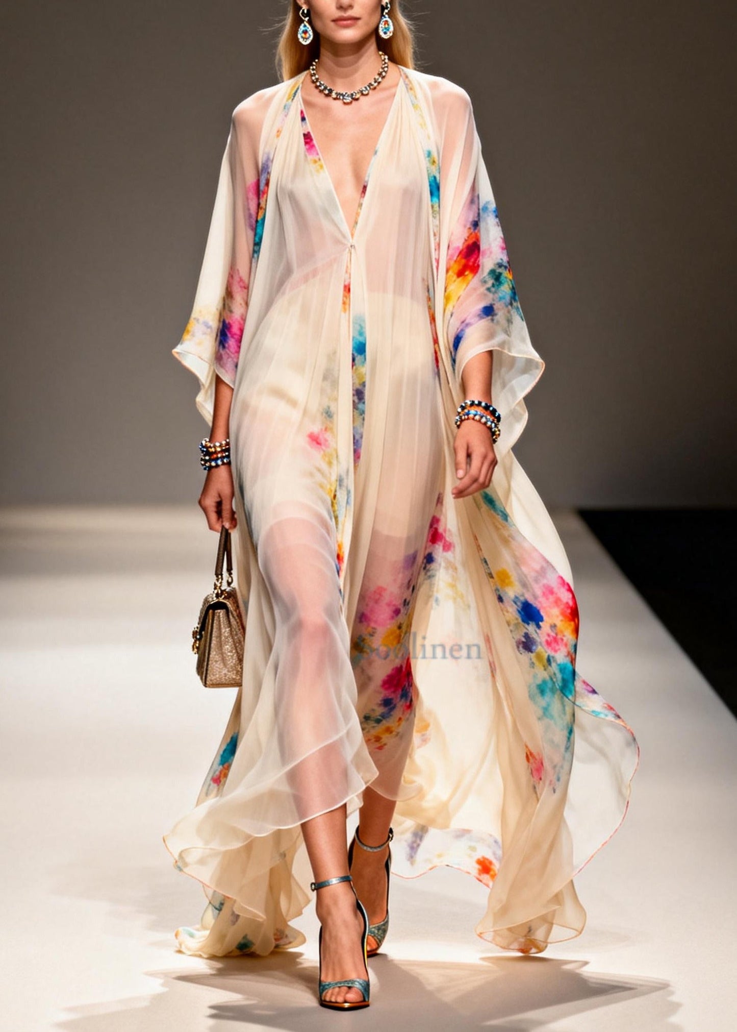 Modern Apricot V Neck Print Chiffon Holiday Dress Summer