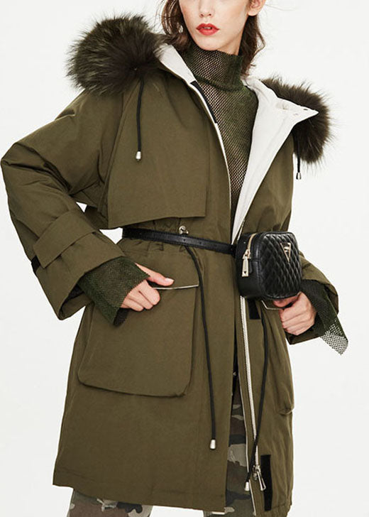 Modern Army Green Fur Collar Pockets Tie Waist Winter Duck Down Puffer Coat