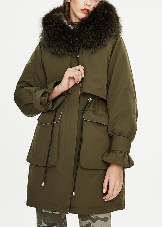 Modern Army Green Fur Collar Pockets Tie Waist Winter Duck Down Puffer Coat
