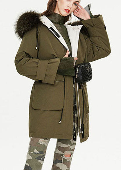 Modern Army Green Fur Collar Pockets Tie Waist Winter Duck Down Puffer Coat