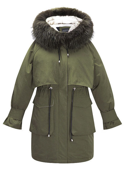 Modern Army Green Fur Collar Pockets Tie Waist Winter Duck Down Puffer Coat