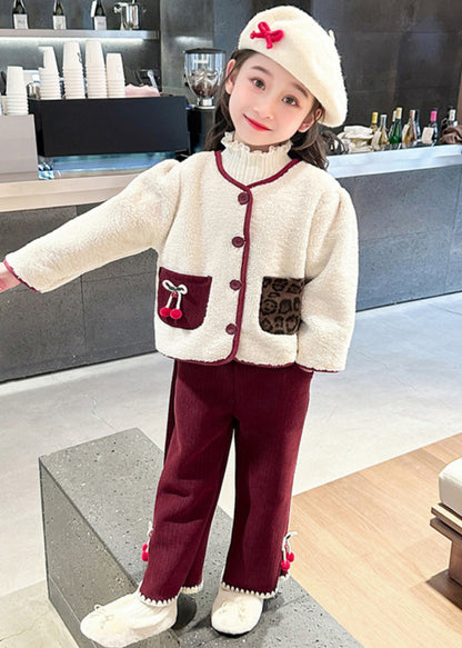Modern Beige O-neck Patchwork Button Pockets Faux Fur Kids Top and Pants Two Pieces Set Winter