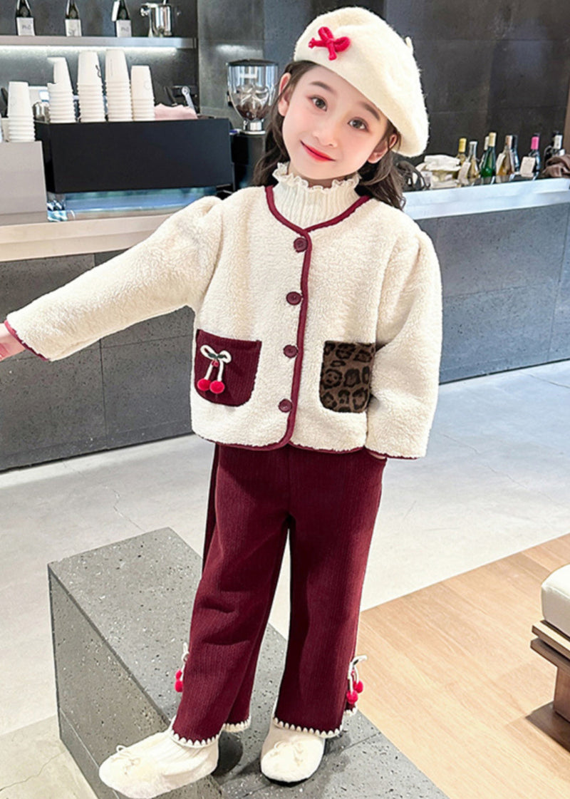 Modern Beige O-neck Patchwork Button Pockets Faux Fur Kids Top and Pants Two Pieces Set Winter