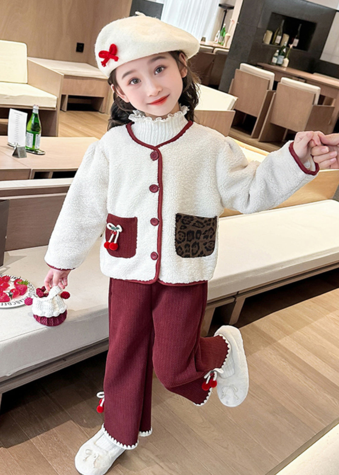 Modern Beige O-neck Patchwork Button Pockets Faux Fur Kids Top and Pants Two Pieces Set Winter