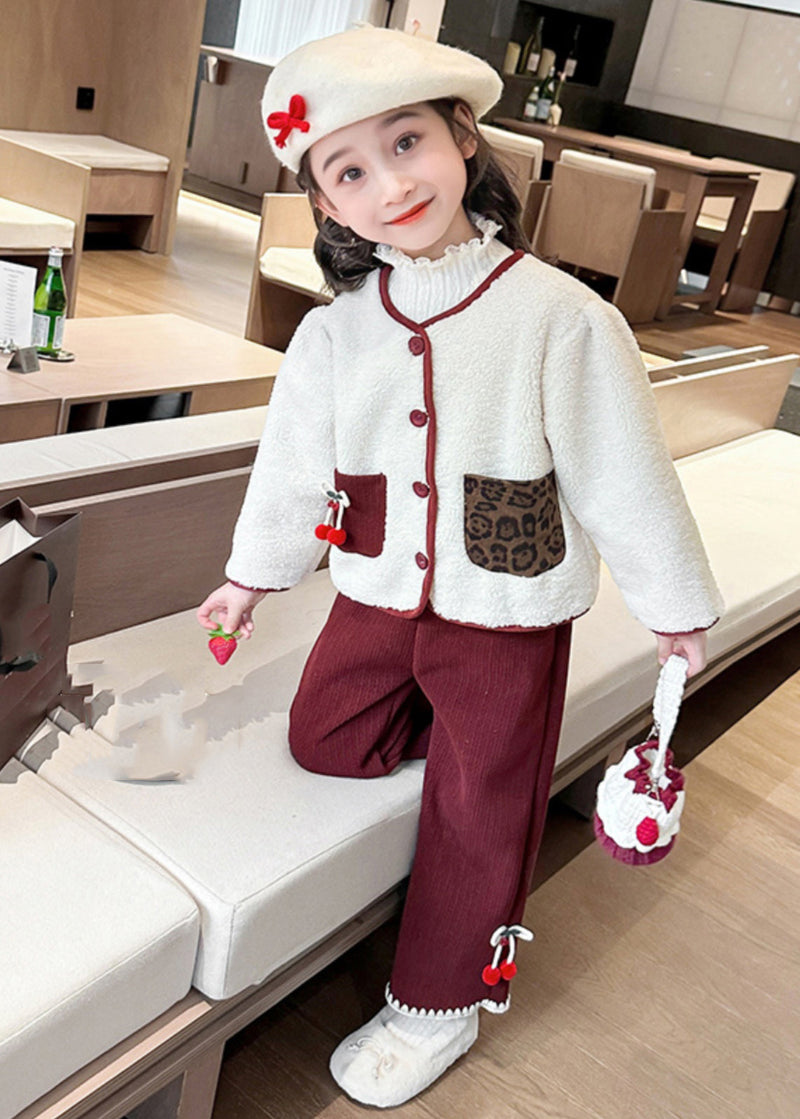 Modern Beige O-neck Patchwork Button Pockets Faux Fur Kids Top and Pants Two Pieces Set Winter