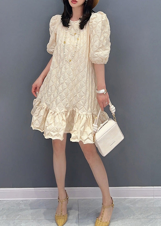 Modern Beige O-neck Plaid Mid Dress Summer