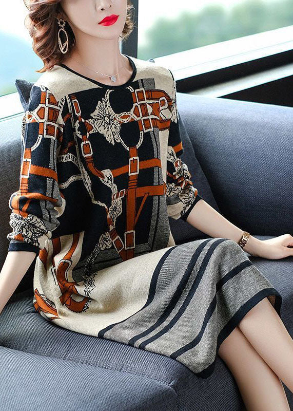 Modern Beige O-neck Print Knit Sweater Dress Long Sleeve
