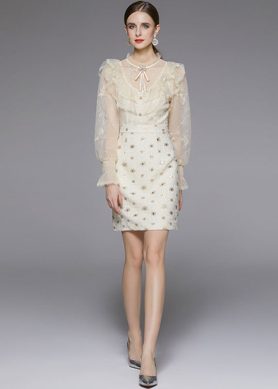 Modern Beige O-neck Ruffles Patchwork Tulle Woolen Mid Dress Fall