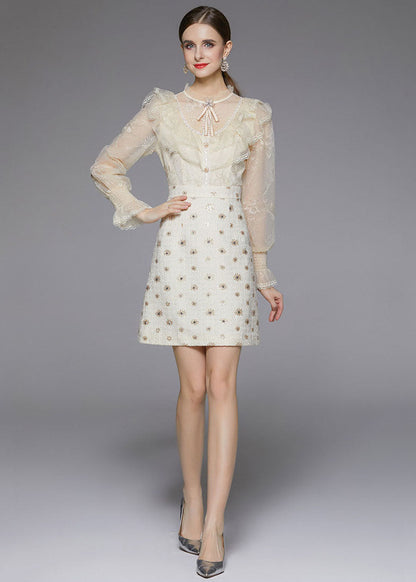 Modern Beige O-neck Ruffles Patchwork Tulle Woolen Mid Dress Fall