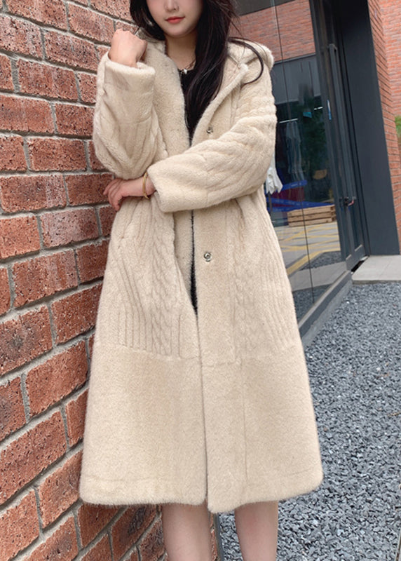 Modern Beige Patchwork Button Leather and Fur Maxi Hoodie Coat Spring