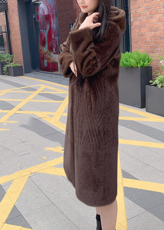 Modern Beige Patchwork Button Leather and Fur Maxi Hoodie Coat Spring
