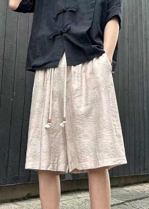 Modern Beige Pockets Elastic Waist Linen Thin Shorts Summer