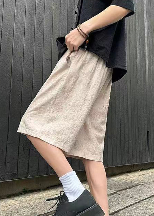 Modern Beige Pockets Elastic Waist Linen Thin Shorts Summer