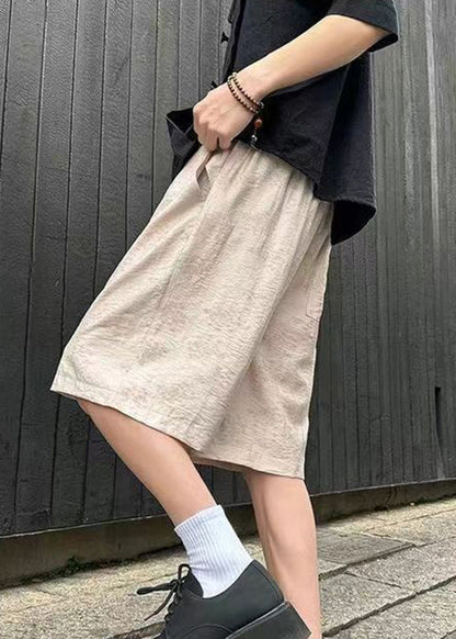 Modern Beige Pockets Elastic Waist Linen Thin Shorts Summer