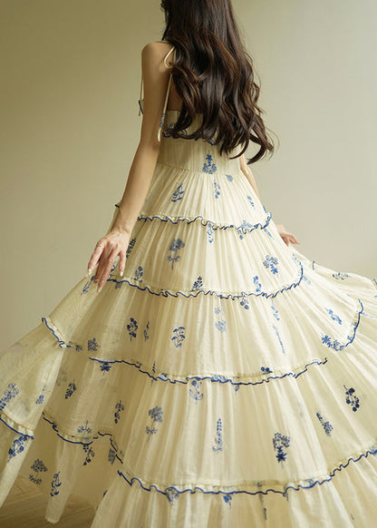 Modern Beige Ruffled Print Silk Long Dresses Sleeveless