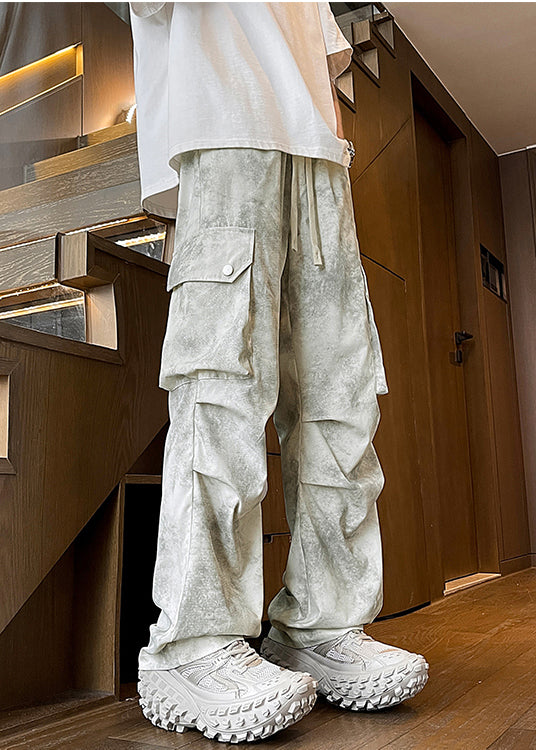 Modern Beige Tie Dye Pockets Wrinkled Cotton Pants Spring