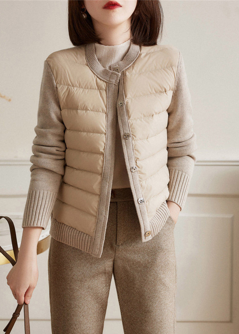 Modern Beige White Colour O-neck Patchwork Knit Parka Long Sleeve