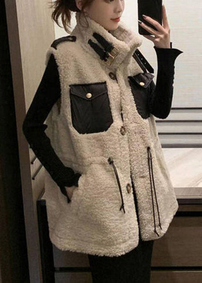 Modern Beige Drawstring Pockets Winter Sleeveless Teddy Vest Jacket