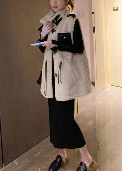 Modern Beige Drawstring Pockets Winter Sleeveless Teddy Vest Jacket