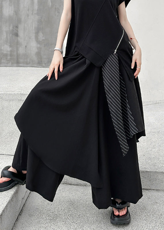 Modern Black Asymmetrical Pocketspatchwork Cotton Wide Leg Pants Fall