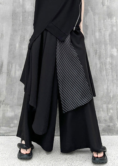 Modern Black Asymmetrical Pocketspatchwork Cotton Wide Leg Pants Fall