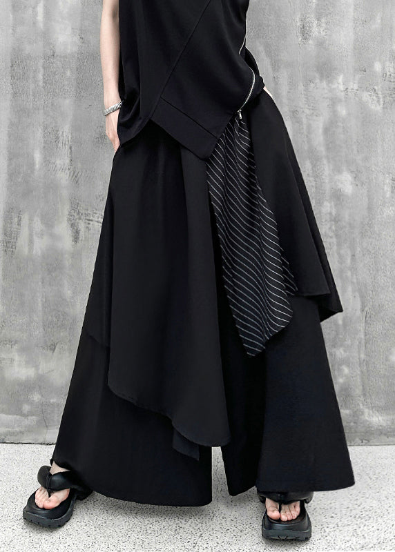 Modern Black Asymmetrical Pocketspatchwork Cotton Wide Leg Pants Fall